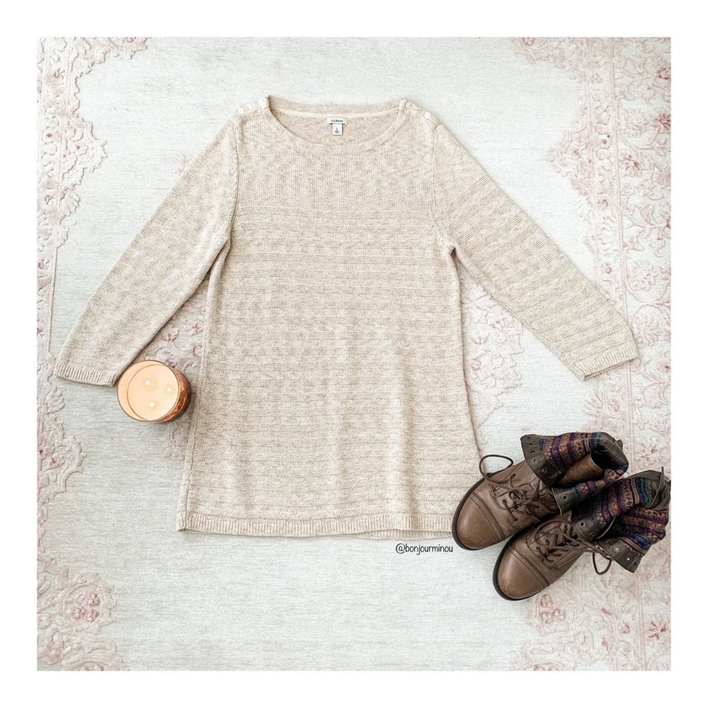 L.L. Bean Oatmeal Stripe Cotton Tunic Sweater L